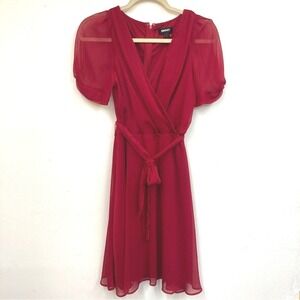 DKNY Red Dress Size‎ 6 Knee Length Wrap Tie Puff Sleeve Party Cocktail